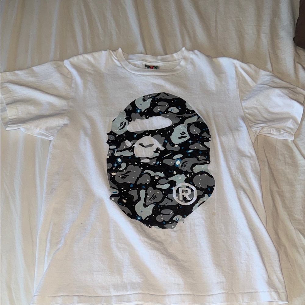 Bape White Tee with Black, Gray & Blue Camo Ape Head